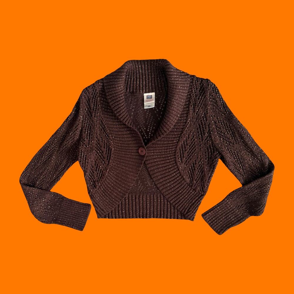 00's vintage brown crochet knit metallic boho y2k bolero shrug cardigan MEDIUM
